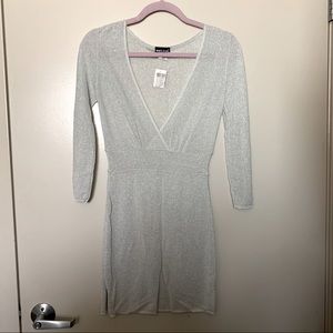 NWT Wet Seal | Silver Metallic Ribbed V-Neck Long Sleeve Mini Dress, XS